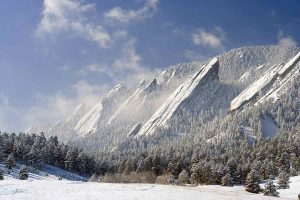 Boulder Flatirons in winter storm